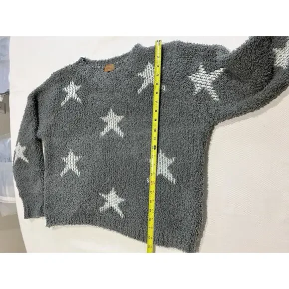 POL Relaxed Gray & White Star Patterned Sherpa Knit Sweater Soft Size M - Picture 5 of 11